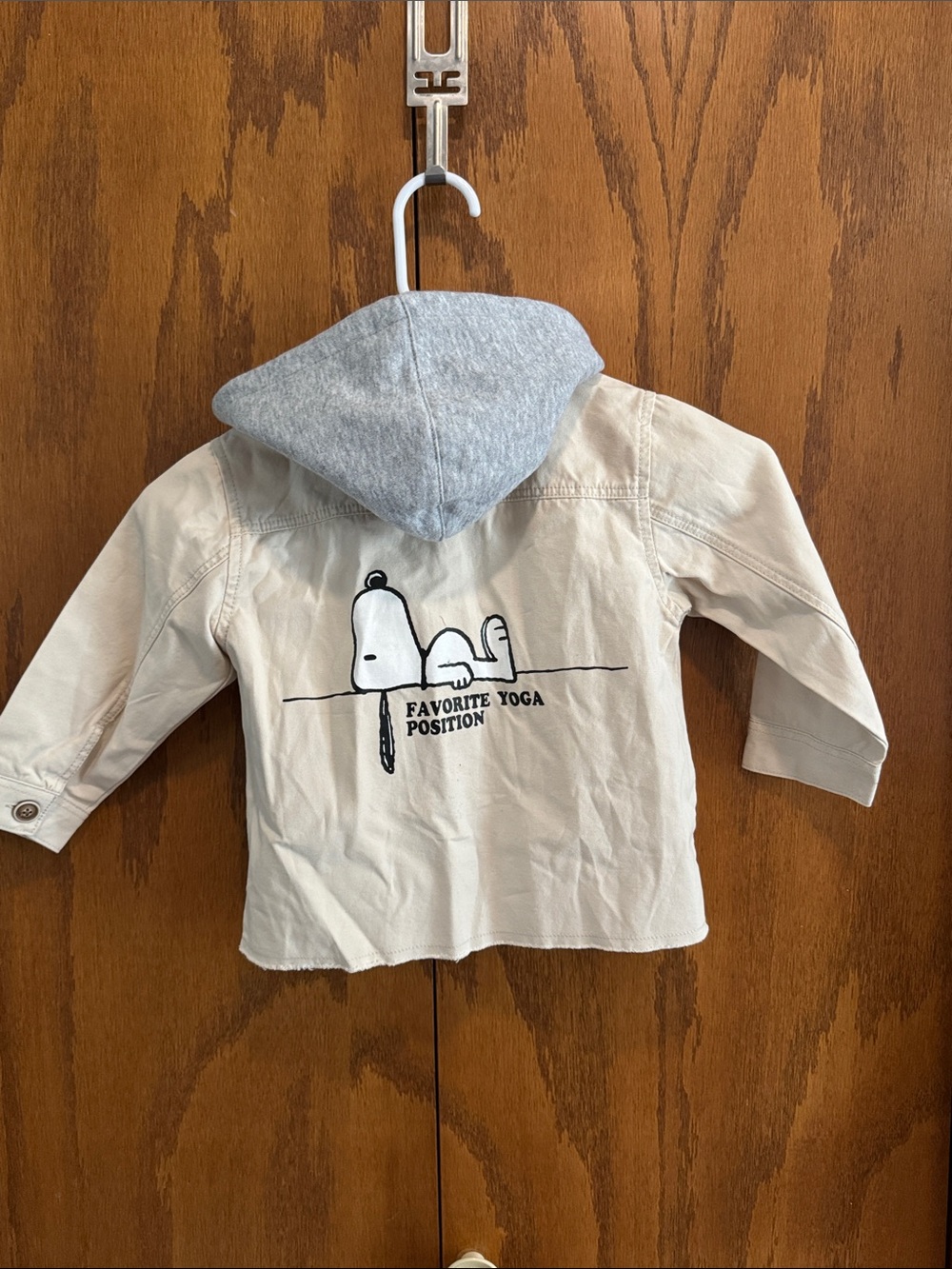 Zara Beige Jean Jacket with Gray Hood and Snoopy Back Print